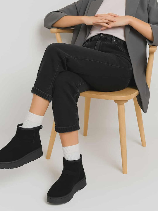 Suede Women's Ankle Boots with Fur Black
