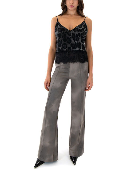 Damen Hoch tailliert Stoff Hose Schlag Khaki