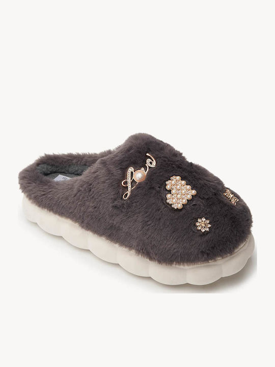 Black Fur Slippers with Gold Decorative Elements
