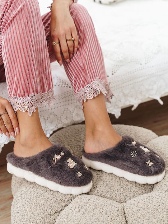 Black Fur Slippers with Gold Decorative Elements