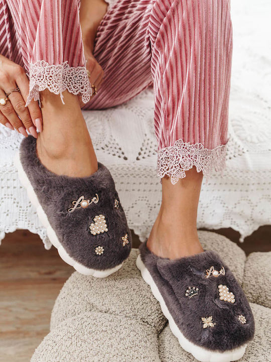 Black Fur Slippers with Gold Decorative Elements