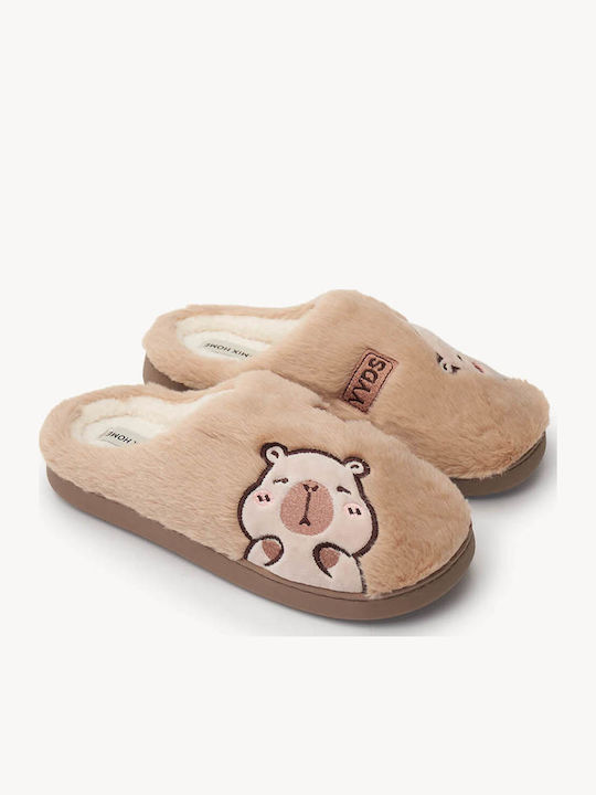 Tan Slippers Fur Lining K Embroidered Teddy Bear