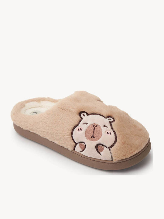 Tan Slippers Fur Lining K Embroidered Teddy Bear