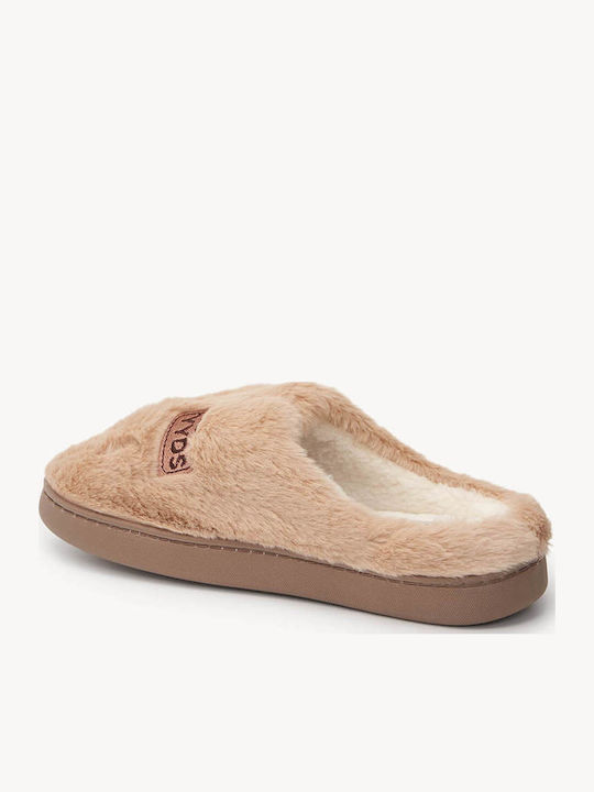 Tan Slippers Fur Lining K Embroidered Teddy Bear