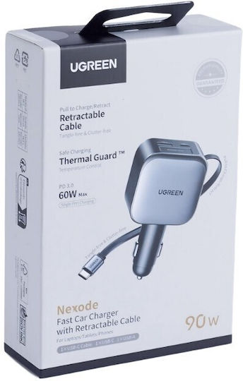 Ugreen Зарядно за кола 60W 3Спецификация Бързо Зареждане с Портове: 1xUSB 1xType-C заедно с Кабел Вграден Сив Цвят