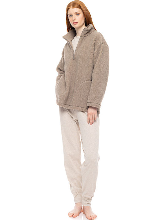 Pink Label Χειμερινή Γυναικεία Fleece Ζακέτα Πιτζάμας Sand