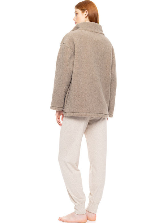 Pink Label Χειμερινή Γυναικεία Fleece Ζακέτα Πιτζάμας Sand