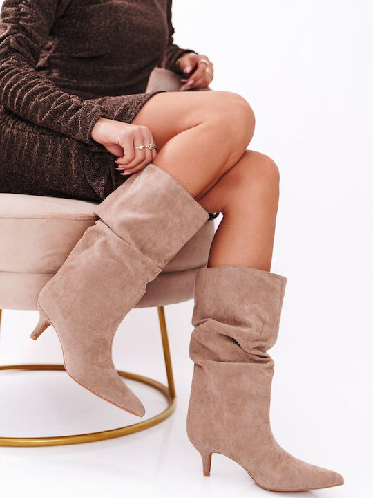 Μπεζ Μποτάκια Suede Kitten Heel Μυτερή Μύτη