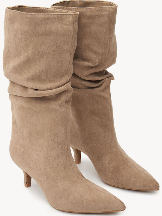 Μπεζ Μποτάκια Suede Kitten Heel Μυτερή Μύτη