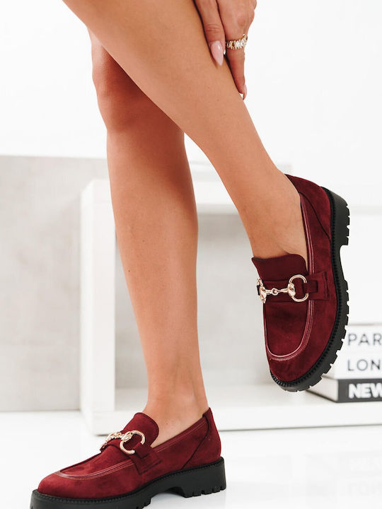 Bordeaux Suede Damen Mokassins Goldene Metallische Akzent