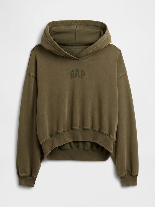 Cropped Γυναικείο Φούτερ με Κουκούλα Black, Moss Green