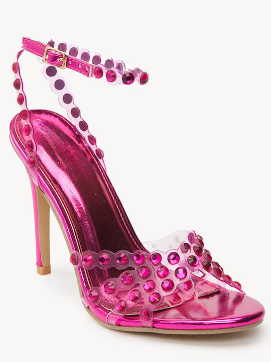 Sandale Elegante Damă Fucsia Transparentă Cu Strasuri