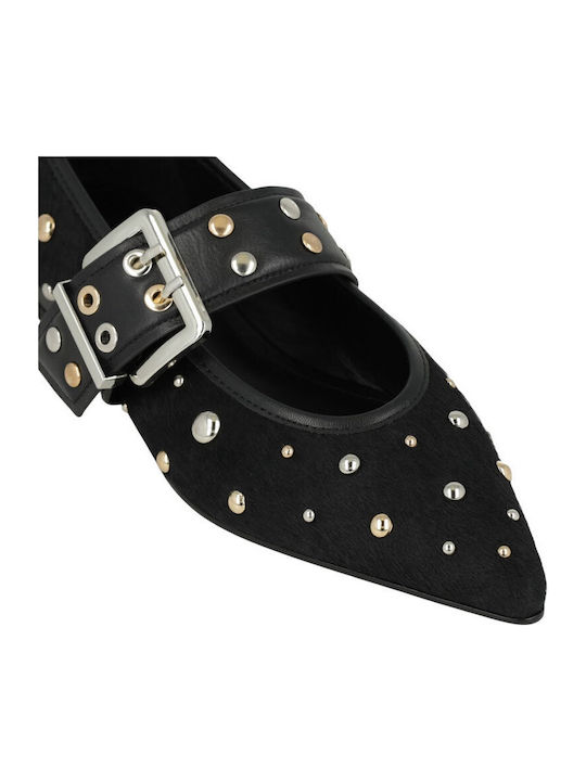 Leather Pointy Ballerinas With strap Black
