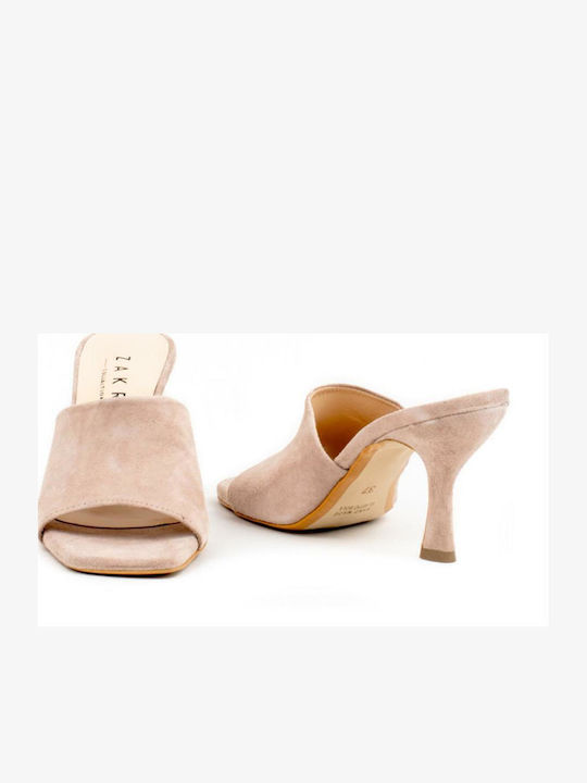 Suede Mules with Heel in Pink Color