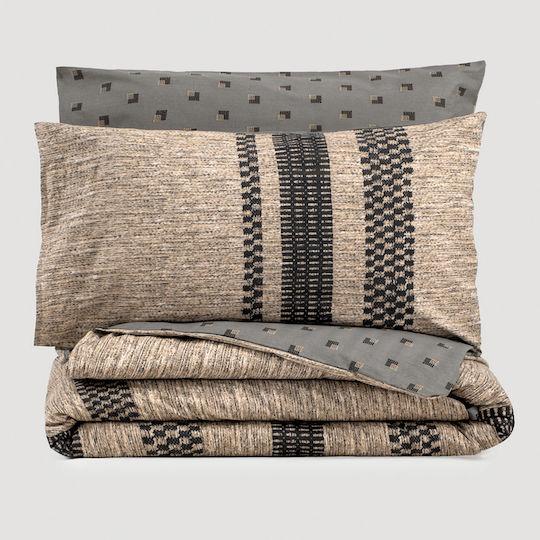 Cotton Box Σετ Παπλωματοθήκη Βαμβακερή 200x220cm Διπλή με 2 Μαξιλαροθήκες & 1 Σεντόνι Box 4 Καφέ - Γκρι