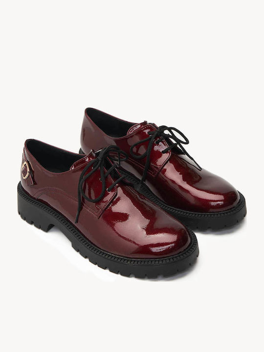 Burgundy Lace-Up Patent Leather Chunky Sole Shoes