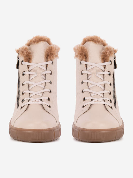 Leather Women's Ankle Boots with Fur Beige