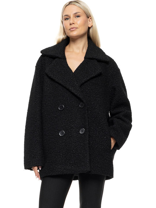 Γυναικείο Black Παλτό Oversized με Κουμπιά
