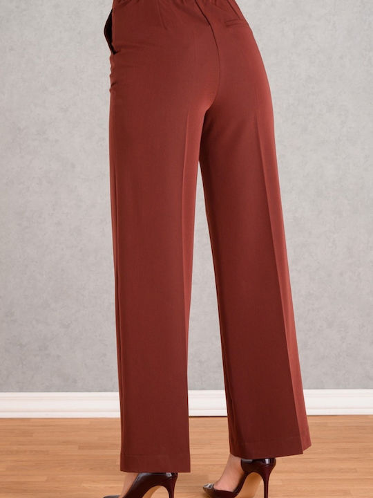 Women's High-waisted Fabric Trousers with Elastic Wine