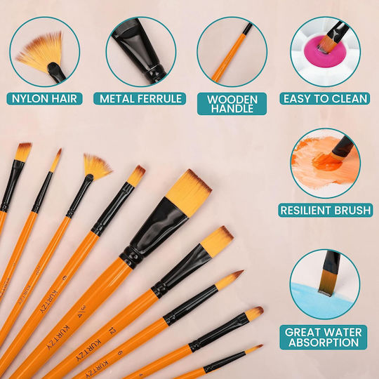 Set 10 Pensule De Pictură Kurtzy Cu Toc De Depozitare Nailon Diverse Mărimi Acrilic Ulei Acuarele Maro