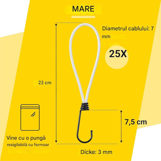 Set 25 Corzi Elastice Pretex Cârlig Metalic Realizate Din Latex Durabil 23 Cm Prindere Albe