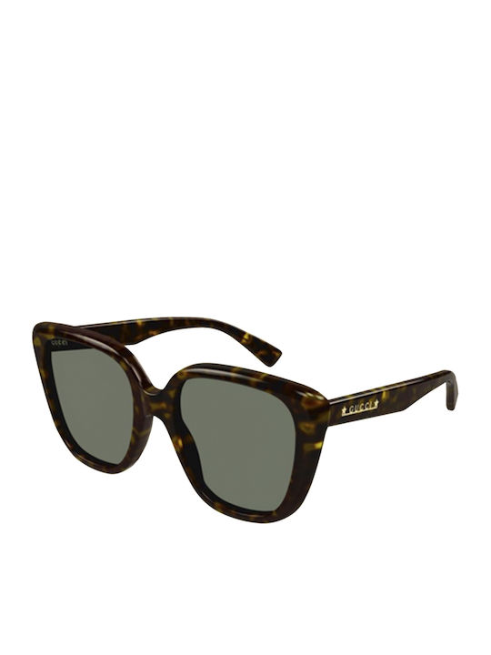 Gucci Women's Sunglasses with Brown Tartaruga Plastic Frame and Green Lens