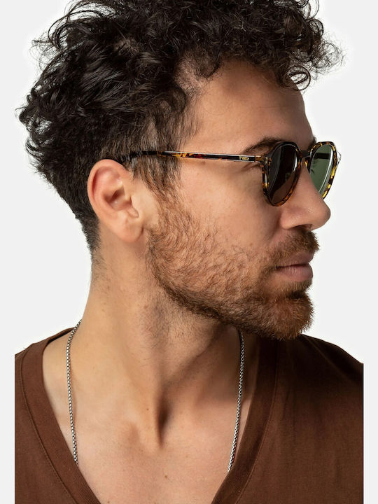 Twig Langevin Unisex Sunglasses with Brown Tartaruga Plastic Frame and Green Lens LAS10
