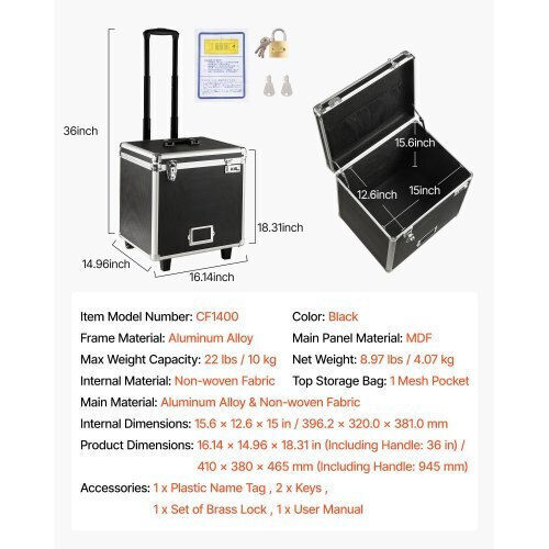 Vevor Tool Storage Aluminum Wheeled Box W39.5xD32xH38cm WJBXJ16INCH07MHU7001V0