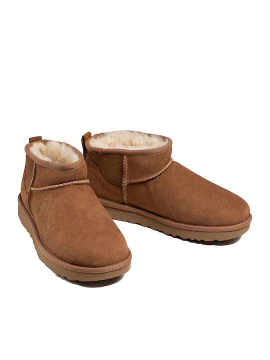 Classic Ultra Mini Leather Women's Ankle Boots with Fur Chestnut