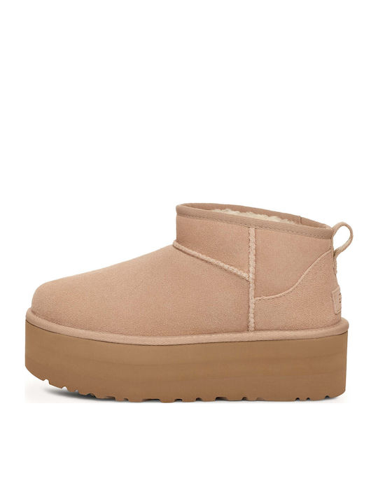 Classic Ultra Mini Platform Leather Women's Ankle Boots with Fur Sand