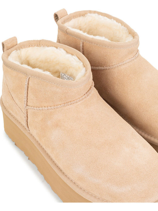 Classic Ultra Mini Platform Leather Women's Ankle Boots with Fur Sand
