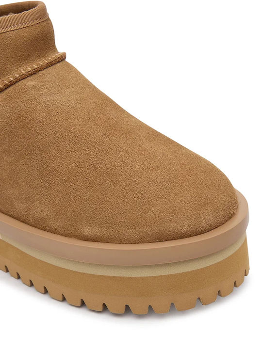 Leather Women's Ankle Boots with Fur Tabac Brown