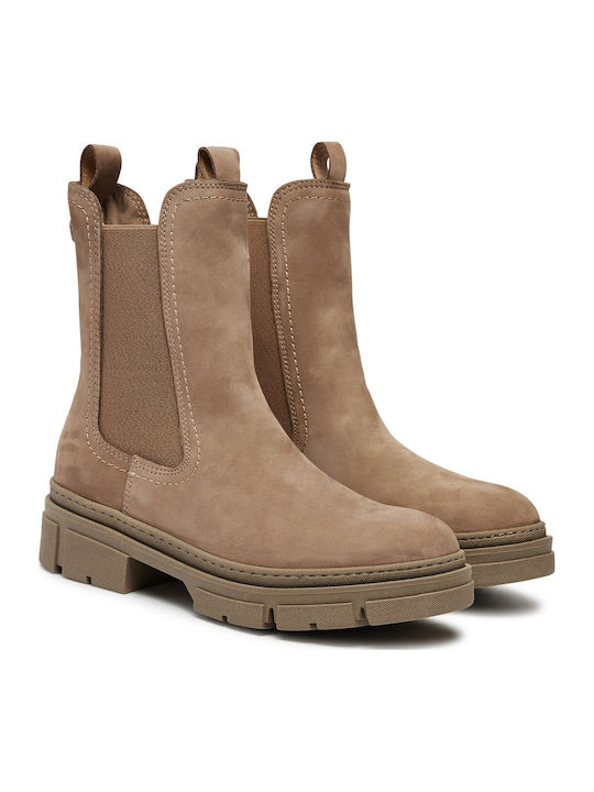 Leather Women's Chelsea Boots with Medium Heel Beige 1-25901-41-405