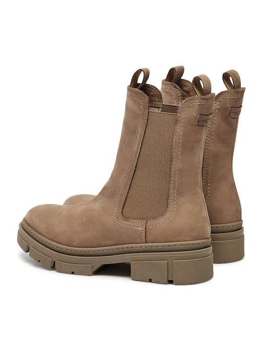 Leather Women's Chelsea Boots with Medium Heel Beige 1-25901-41-405