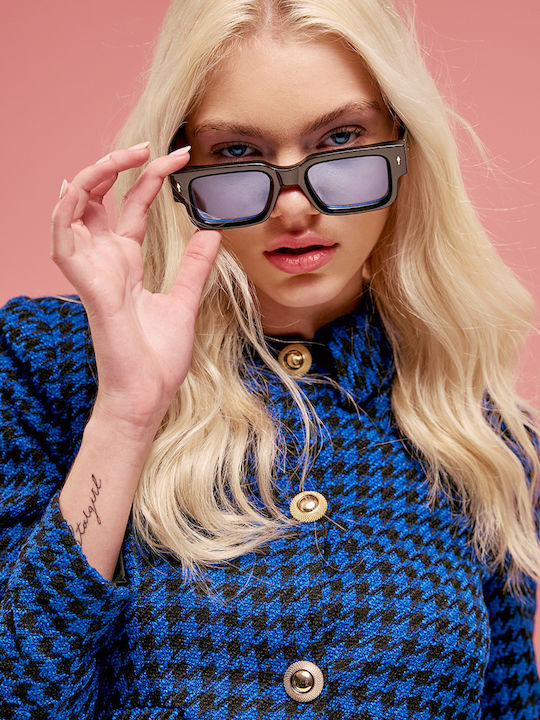 Pervedere Unisex Sunglasses with Black Horn-Rimmed Frame and Light Blue Lens 3467-01
