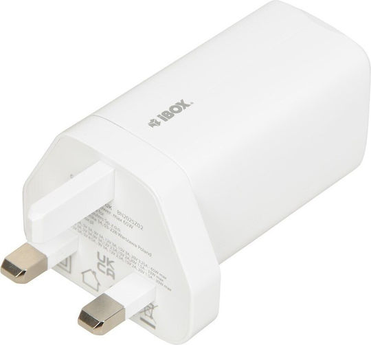 iBox Φορτιστής Χωρίς Καλώδιο GaN με Θύρα USB-A και 2 Θύρες USB-C 65W Λευκός (C-65 UK)