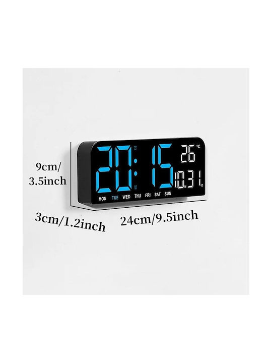 Ceas De Masă Și Perete Digital Lumină Led Albastră Calendar Cronometru Alarmă Termometru Funcție Amânare 2 Moduri De Iluminare Dimensiune 24x9cm Negru Albastru