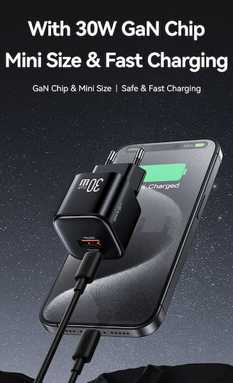 Usams Ladegerät ohne Kabel GaN mit USB-A Anschluss und USB-C Anschluss 30W Weißs (CC263)