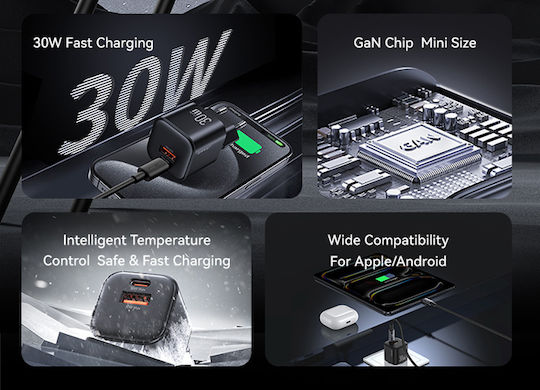 Usams Ladegerät ohne Kabel GaN mit USB-A Anschluss und USB-C Anschluss 30W Weißs (CC263)