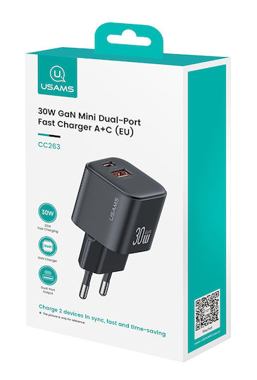 Usams Ladegerät ohne Kabel GaN mit USB-A Anschluss und USB-C Anschluss 30W Schwarzs (CC263)