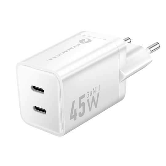 Forcell Φορτιστής Χωρίς Καλώδιο GaN με 2 Θύρες USB-C 45W Power Delivery / Quick Charge 4.0 Λευκός (F-Energy Mini VT-36B)
