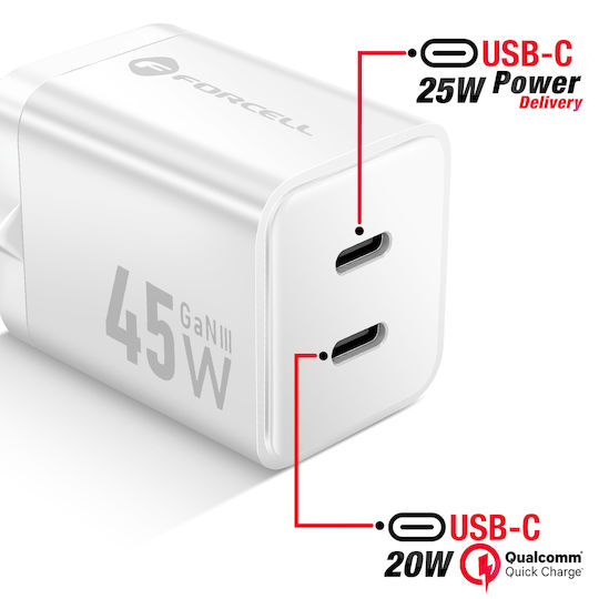 Forcell Φορτιστής Χωρίς Καλώδιο GaN με 2 Θύρες USB-C 45W Power Delivery / Quick Charge 4.0 Λευκός (F-Energy Mini VT-36B)
