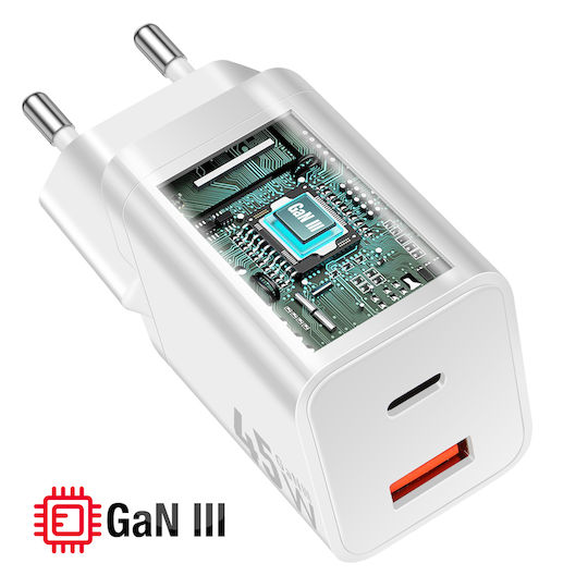 Forcell Φορτιστής Χωρίς Καλώδιο GaN με Θύρα USB-A και Θύρα USB-C 45W Power Delivery / Quick Charge 4.0 Λευκός (F-Energy Mini VT-36)