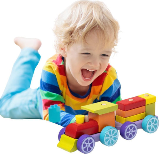 Cubika Train Locomotive Toy Wooden Colorful Cars Blocks Stacking