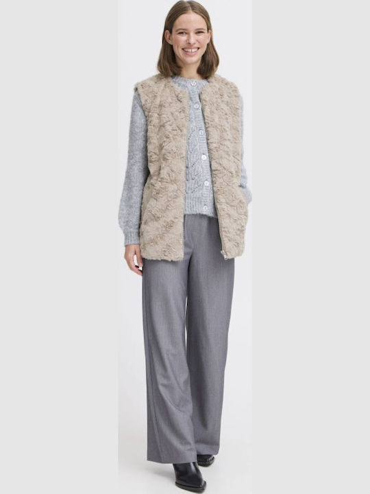 Women's Sleeveless Short Fur Beige-cigar