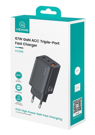 Usams Charger Without Cable GaN with USB-A Port and 2 USB-C Ports 67W Power Delivery Blacks (CC265)