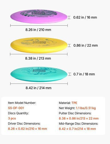 Vevor Disc Golf Set Disc Golf Starter Set 3 Pieces Flying Discs Beginners Full Body Strength Training Putter Mid-range Driver PDGA Approved Outdoor Yard Lawn Beach Park