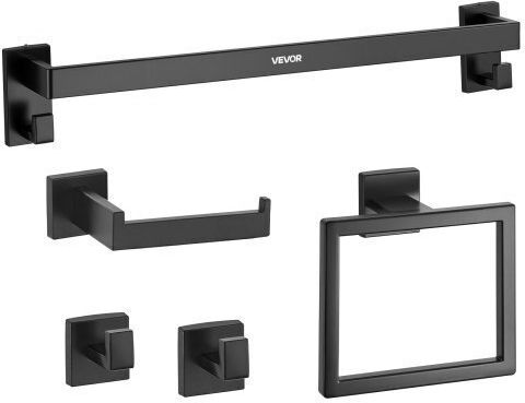 Set of Black Matte Bathroom Accessories Vevor 5 Pieces Bathroom Accessories Stainless Steel 24-inch 61.0 Cm Towel Bar Towel Rack 2 Towel Robe Hooks Toilet Paper Holder Bathroom Wall-Mounted
