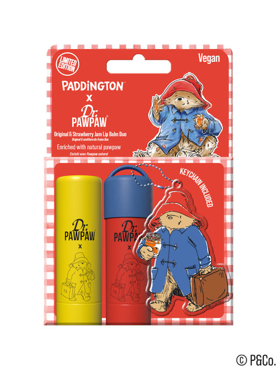 Set 2 Brelocuri Balsam De Buze Paddington Bear Balsam Original + Aromă De Gem De Căpșuni Dr.pawpaw 2 X 4 G Breloc Paddington Bear Original + Gem De Căpșuni