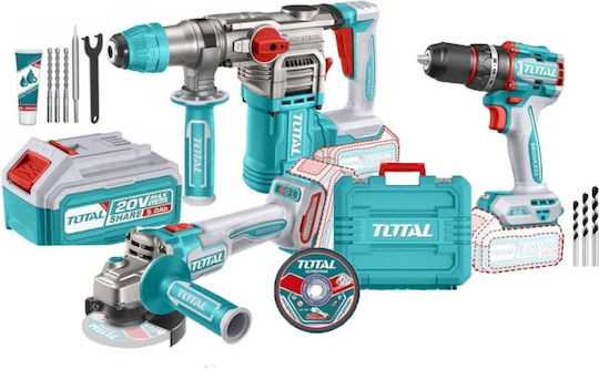 Total Set Angle Wheel & Impact Drill Driver & Hammer Brushless 20V with 2 Batteries 5Ah and Case